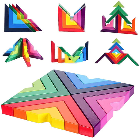 Wooden Rainbow Stacking Game Stacker Geometry Building Blocks