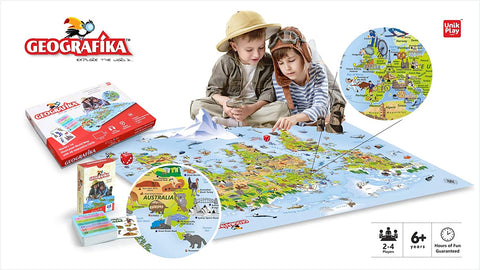Buy UnikPlay Geografika World Map Game - Game Night, Engaging Board Games  for Kids 6-8, Games Ages 4-8 – Non-Tearable, Waterproof Illustrated Map  with 280+ Trivia Questions, 48 Double-Sided Cards Online at