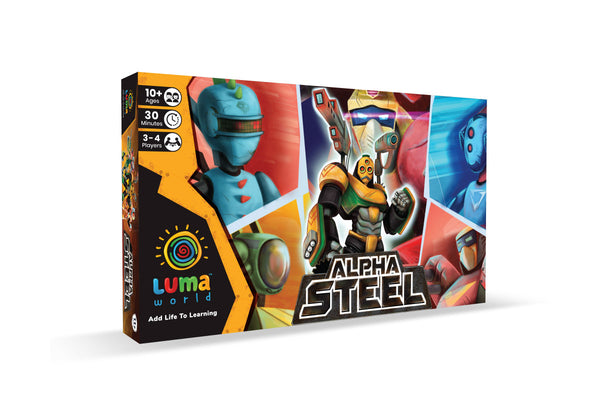 Luma World Strategy Board Game for Ages 10 and up: Alpha Steel | STEM game to Improve Numeracy, Strategy and Develop Multiple Intelligences | 8 Collectible Robot Cards and Fantasy Currency Included